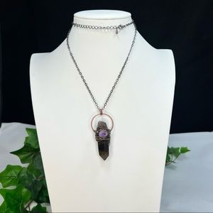 Soldered Wire Wrapped Smoky Quartz & Amethyst Crystal Point Necklace